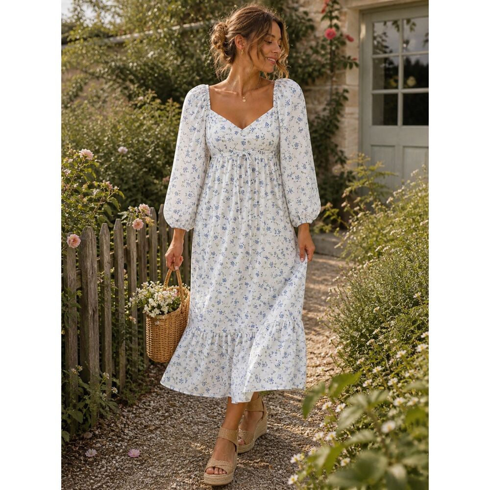 Miss Selfridge Milkmaid Midi Dress White Floral Cottagecore Prairie Dress NWT 10